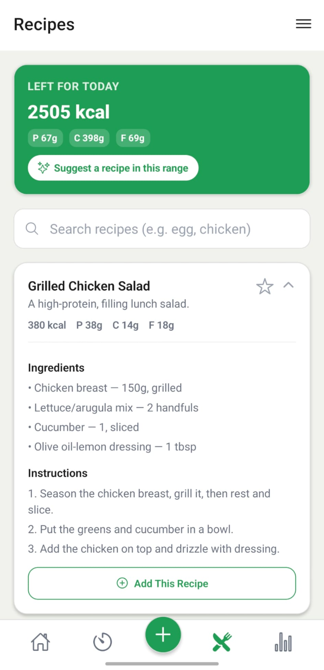 Vescovia recipe suggestion screen
